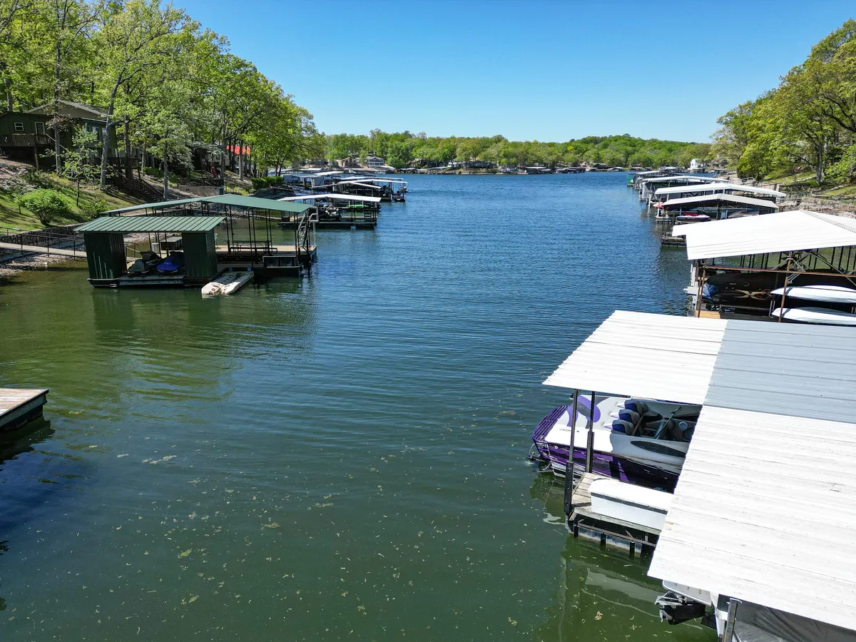 A sweeping lake view with boats gliding on the water, docks extending from the shoreline, trees framing the scene, and an expansive sky above. The calm water and vibrant natural surroundings create a stunning backdrop.